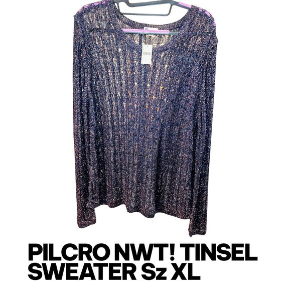 PILCRO ANTHROPOLOGIE NWT XL Drk Green Metallic Tinsel See Thru Knit Sweater $148 - Picture 1 of 4